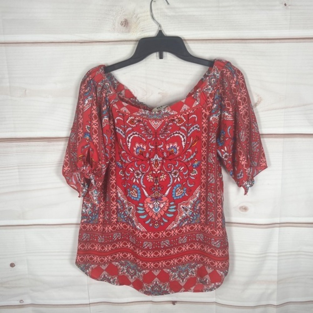 Verse Top Womens Small Red‎ Paisley Blouse Off The Shoulder Tie Sleeve Woven